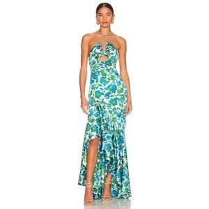 AMUR Edie High Low Tie Neck Gown Cerulean Lotus Block